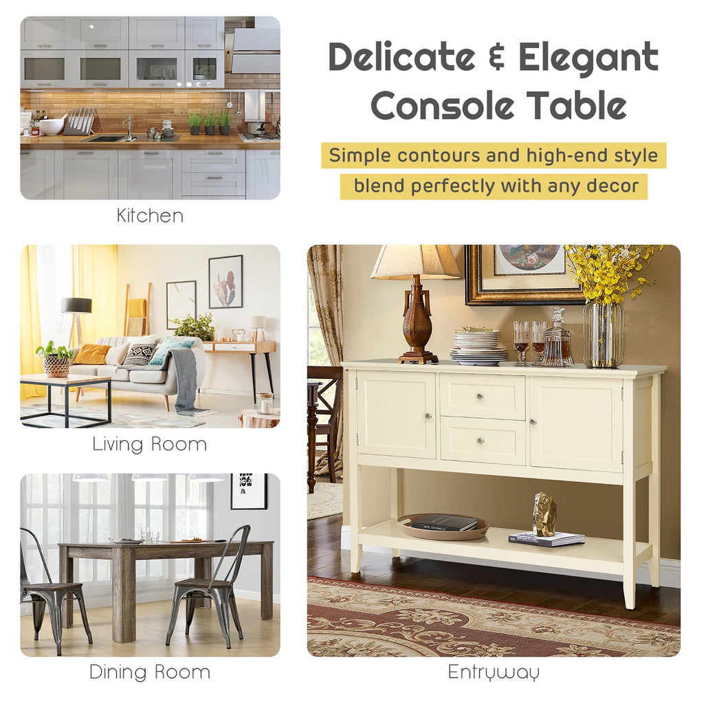 Sideboard Buffet Table Wooden Console Table W/ Drawers & Cabinets Beige