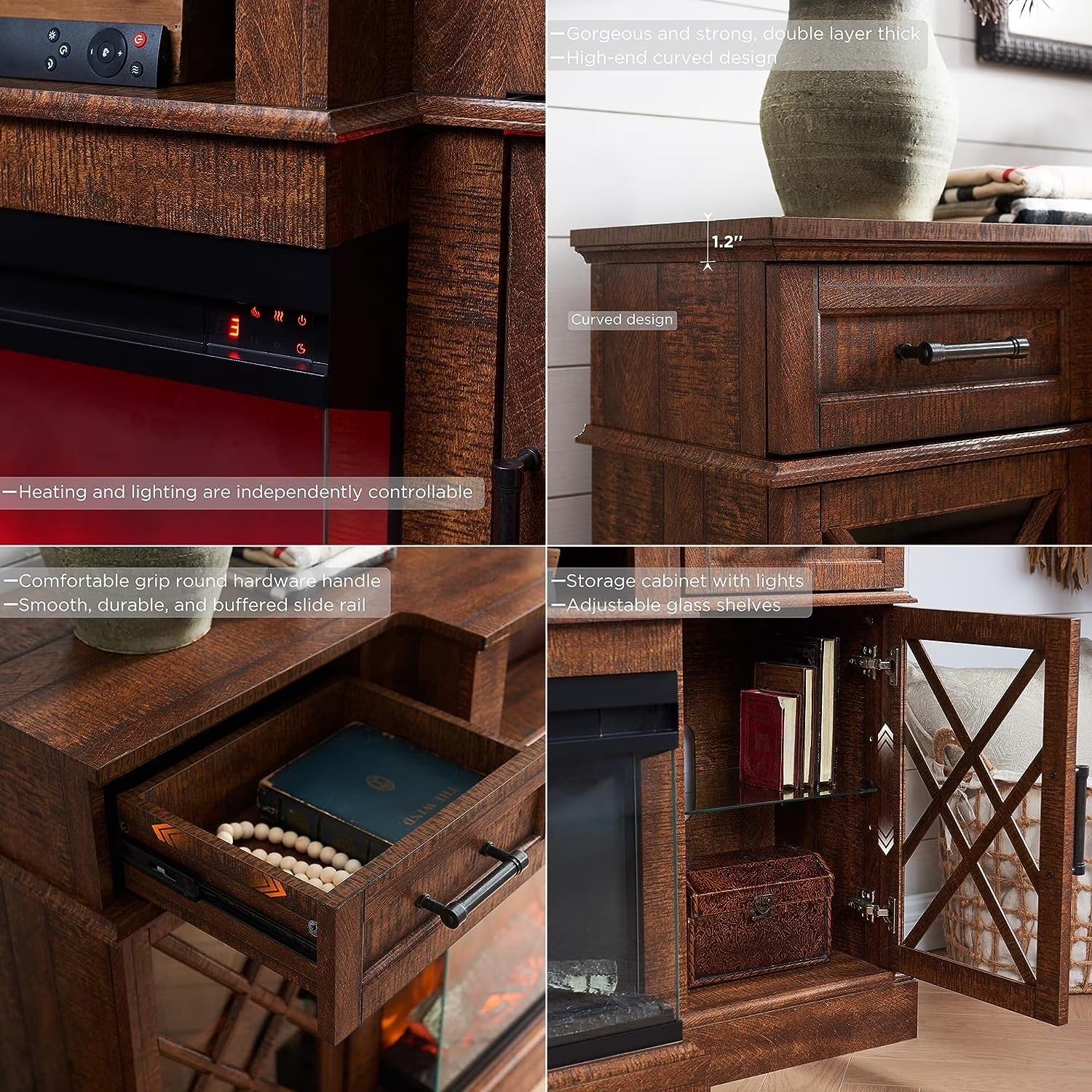 Farmhouse 3-Sided 70" Fireplace TV Stand for 80" Tvs, Entertainment Center with Electric Fireplace and Storage Drawers, Reclaimed Barnwood