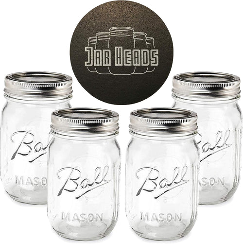 Ball Mason Jars 16 Oz Bundle with Non Slip Jar Opener- Set of 4 16 Ounce Size Mason Jars with Regular Mouth - Canning Glass Jars with Lids, Heritage Collection