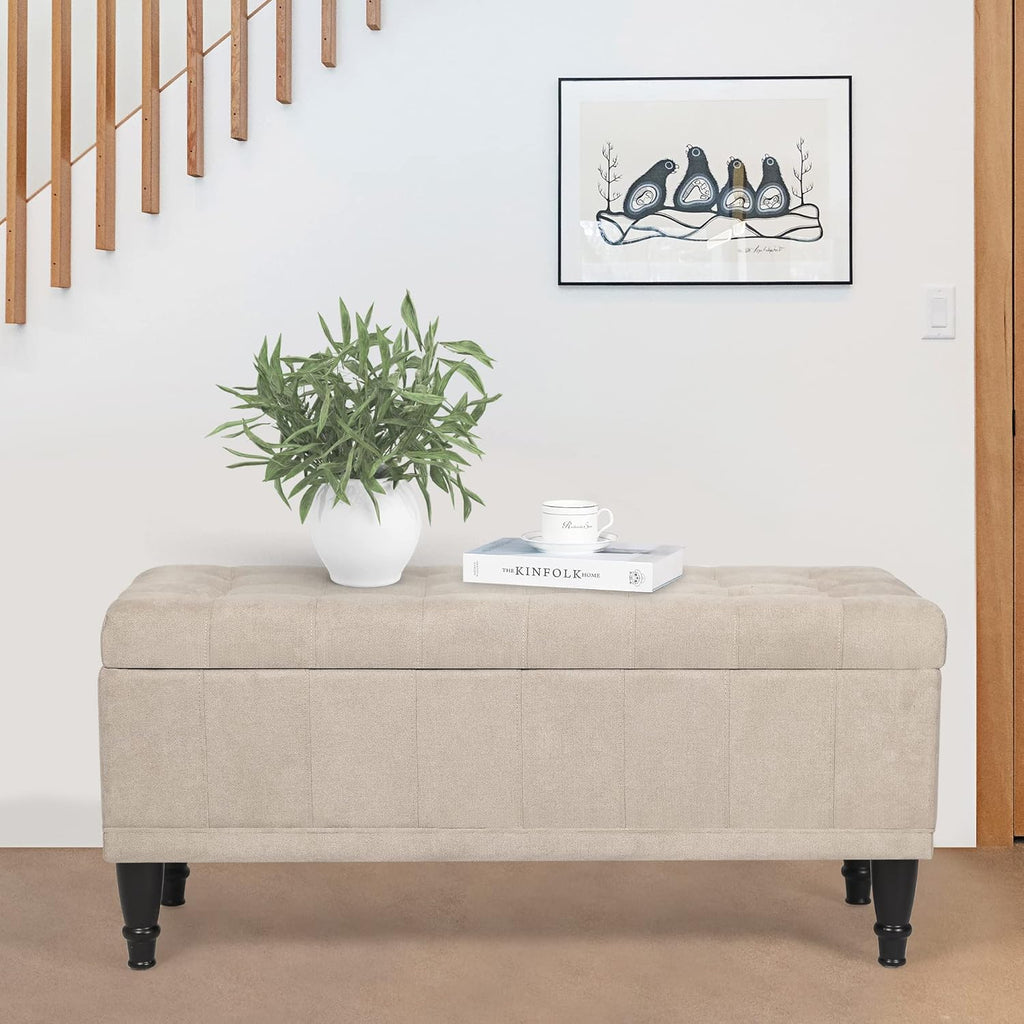 Storage Ottoman Linen Fabric Upholstered Tufted Bench with Wood Legs, Rectangular Coffee Table Footstool for Bedroom Living Room Entryway (Beige)