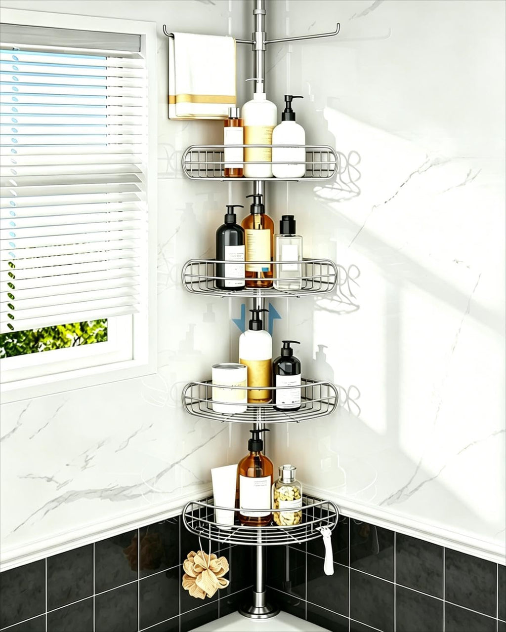 Corner Shower Caddy Tension Pole, 4-Tier Adjustable Shelves, Rustproof Bathroom Shower Organizer Corner for inside Bath Storage, Tension Mounted, 56 to 113 Inch Height, Nickel