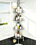 Corner Shower Caddy Tension Pole, 4-Tier Adjustable Shelves, Rustproof Bathroom Shower Organizer Corner for inside Bath Storage, Tension Mounted, 56 to 113 Inch Height, Nickel