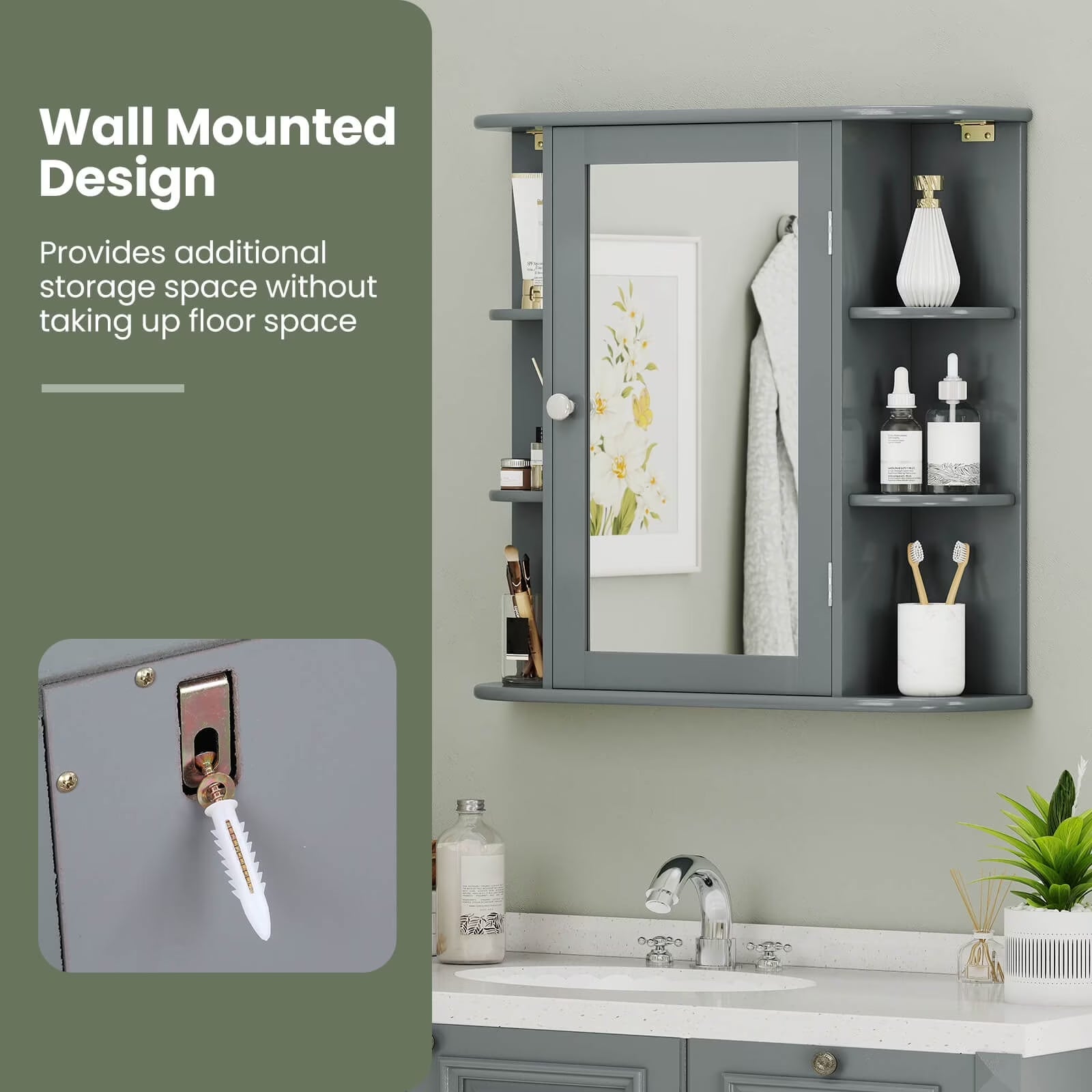 Costway Versatile Wall-Mounted Bathroom Storage Cabinet with Mirror in Gray