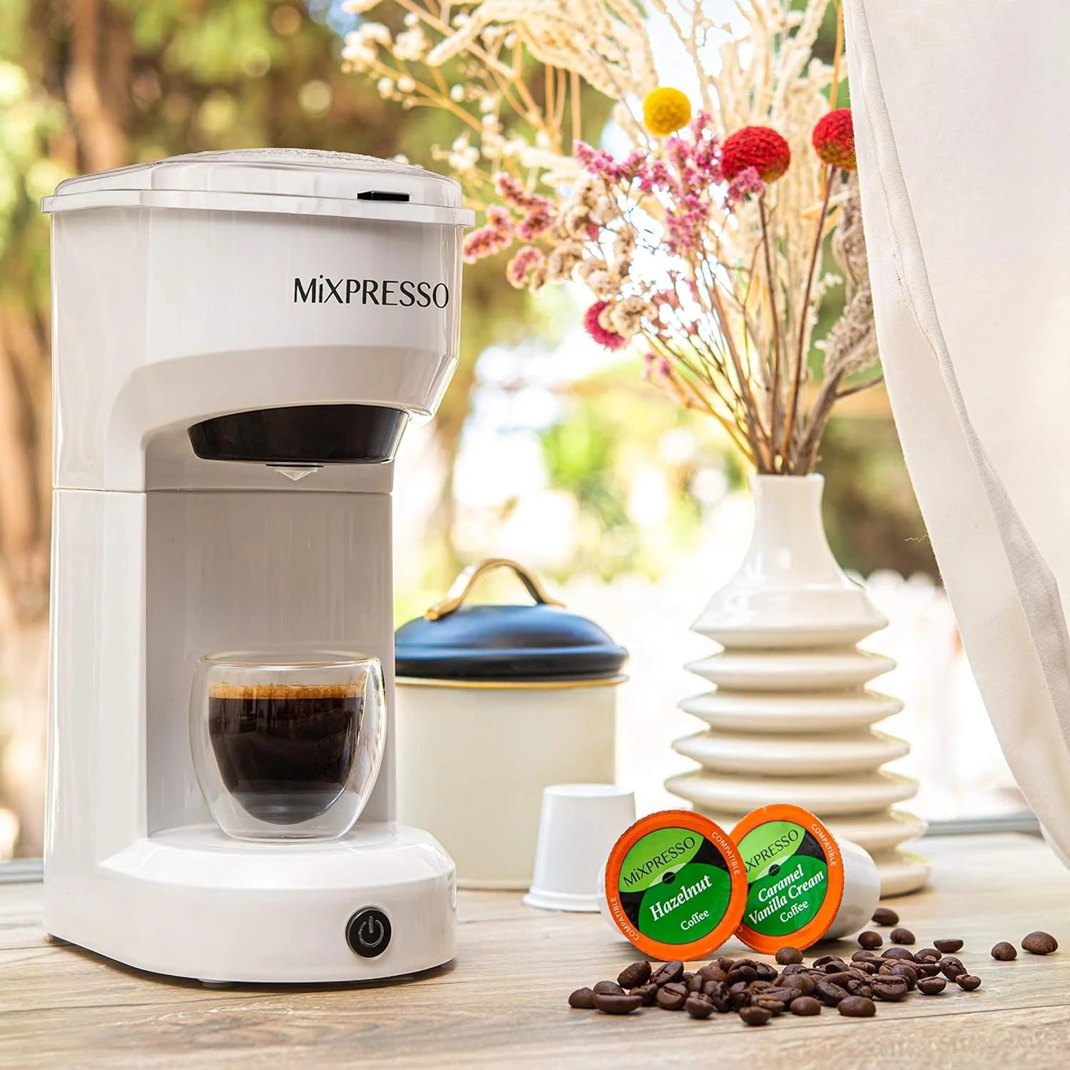 Single Serve Coffee Brewer, K Cup Compatible & Ground Coffee, White