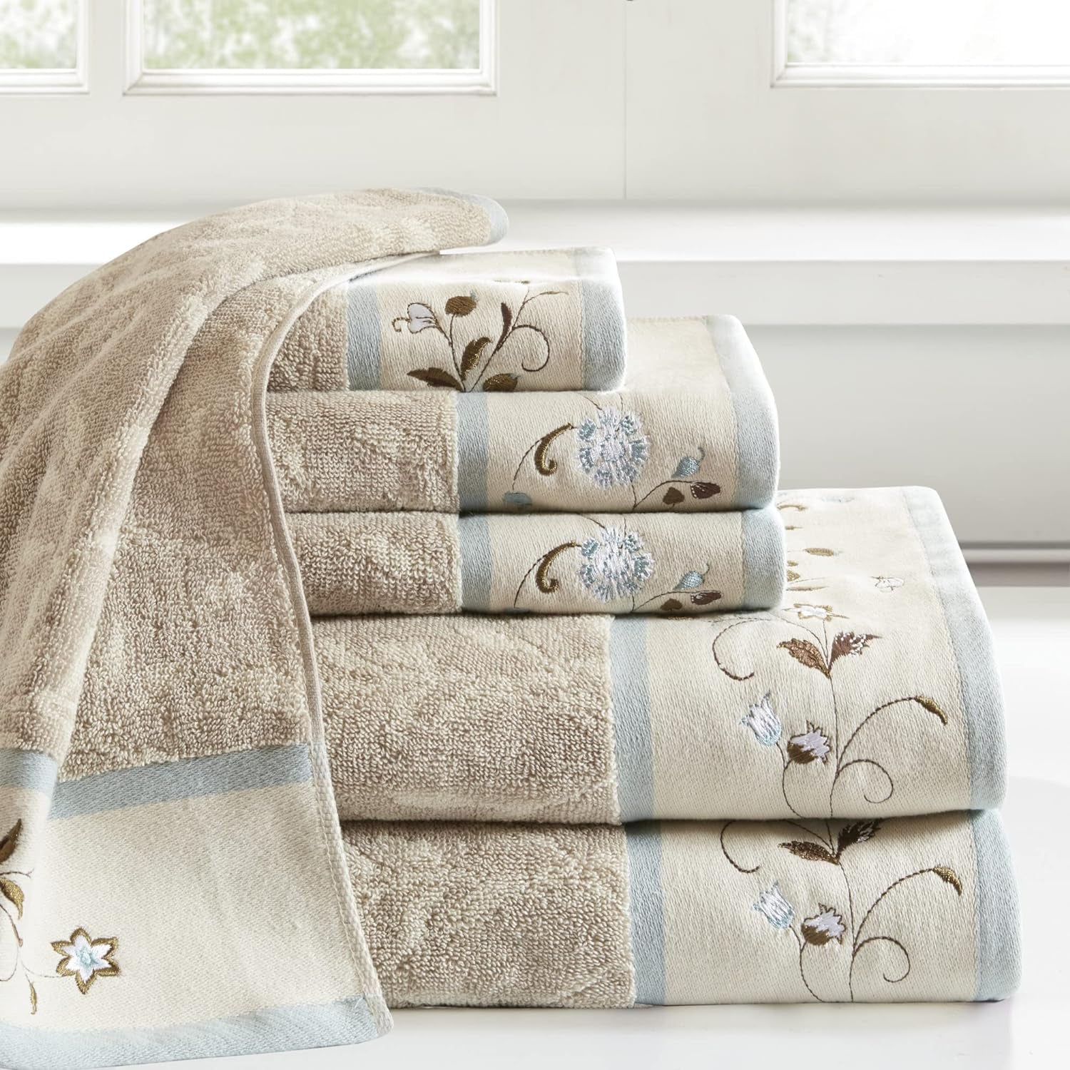 Serene 100% Cotton 6-Piece Bath Towel Set with Luxurious Floral Embroidery, Jacquard Design, Soft and Highly Absorbent, 600 GSM, Available in Multiple Sizes, Blue