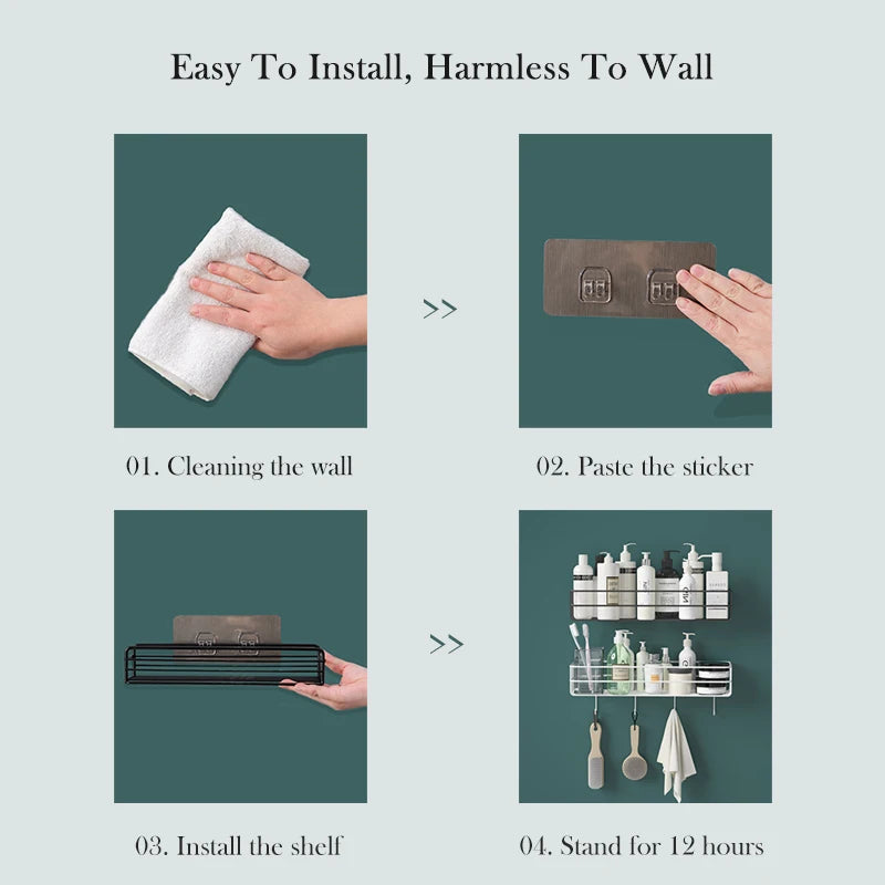 No-Drill Metal Bathroom Shelves for Organized Storage of Cleaning and Kitchen Supplies