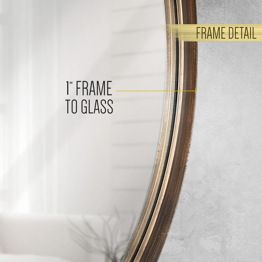 Large round Mirror, 27.5 Inch Brushed Bronze Wall Mirror with Handcrafted Oil Rubbed Frame, Metal Framed Decorative Hanging Mirror for Both Rustic and Boho Design and Decor