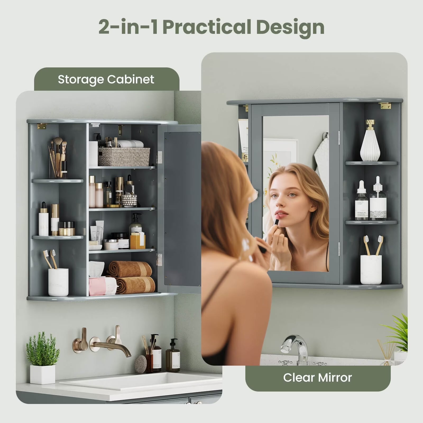 Costway Versatile Wall-Mounted Bathroom Storage Cabinet with Mirror in Gray
