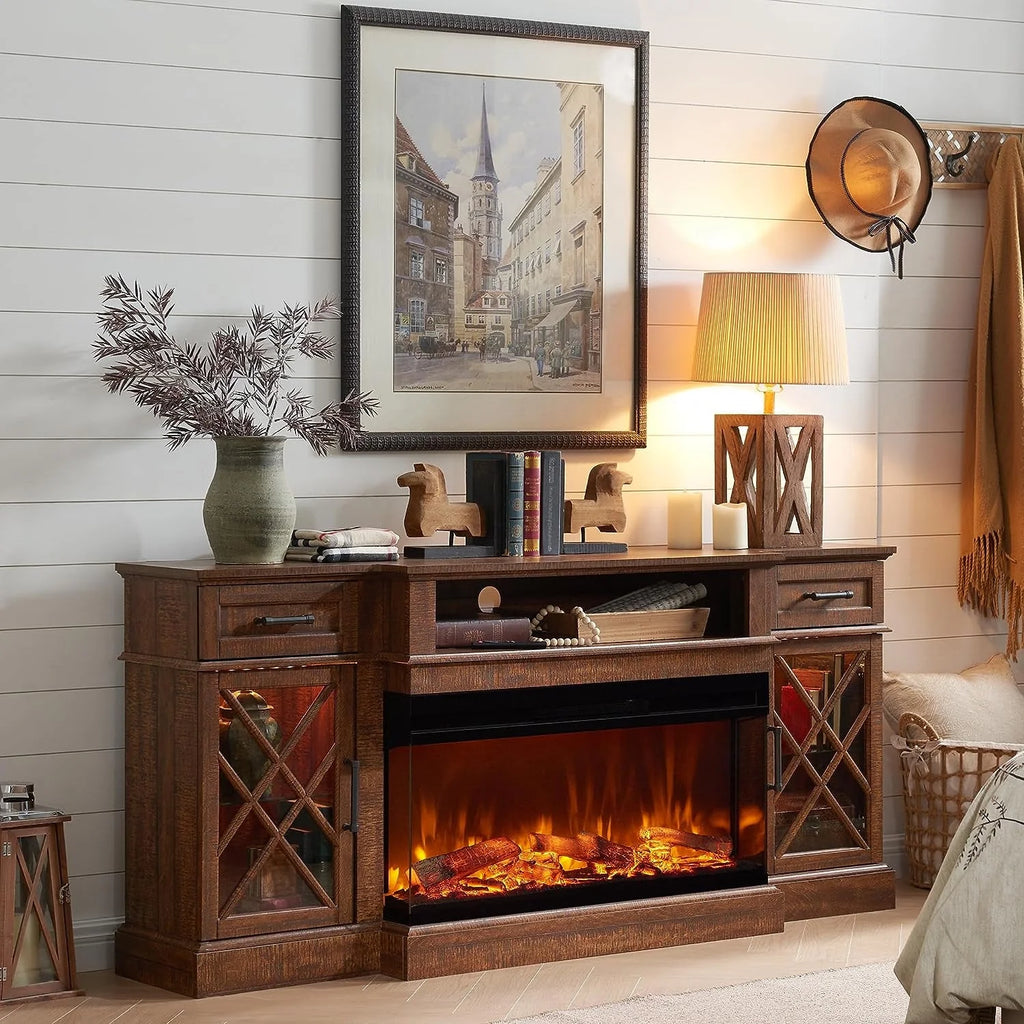 Farmhouse 3-Sided 70" Fireplace TV Stand for 80" Tvs, Entertainment Center with Electric Fireplace and Storage Drawers, Reclaimed Barnwood