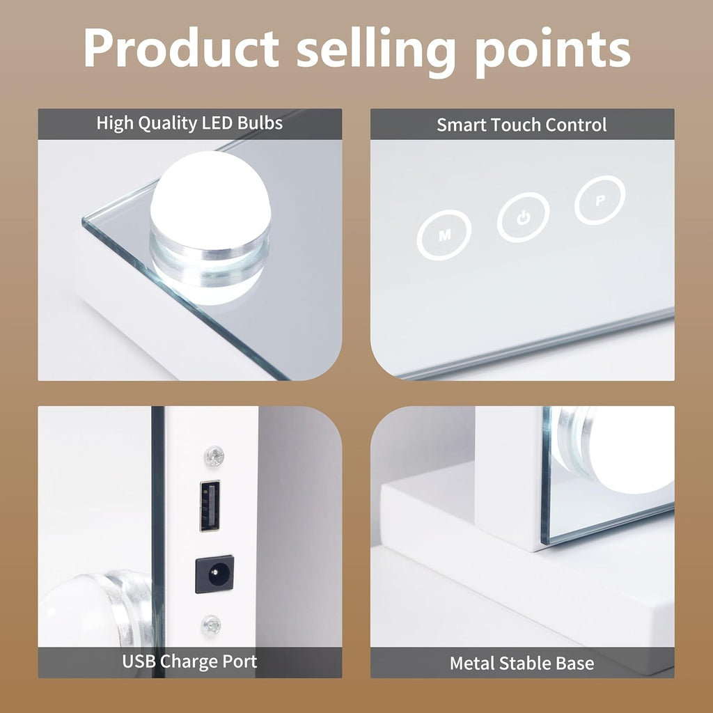 Professional Vanity Mirror with Integrated LED Lighting, 17 Dimmable Bulbs, 3 Color Temperature Options, Removable 10X Magnification Mirror, Touch Control, 23.6 x 19.7 Inches, White Finish
