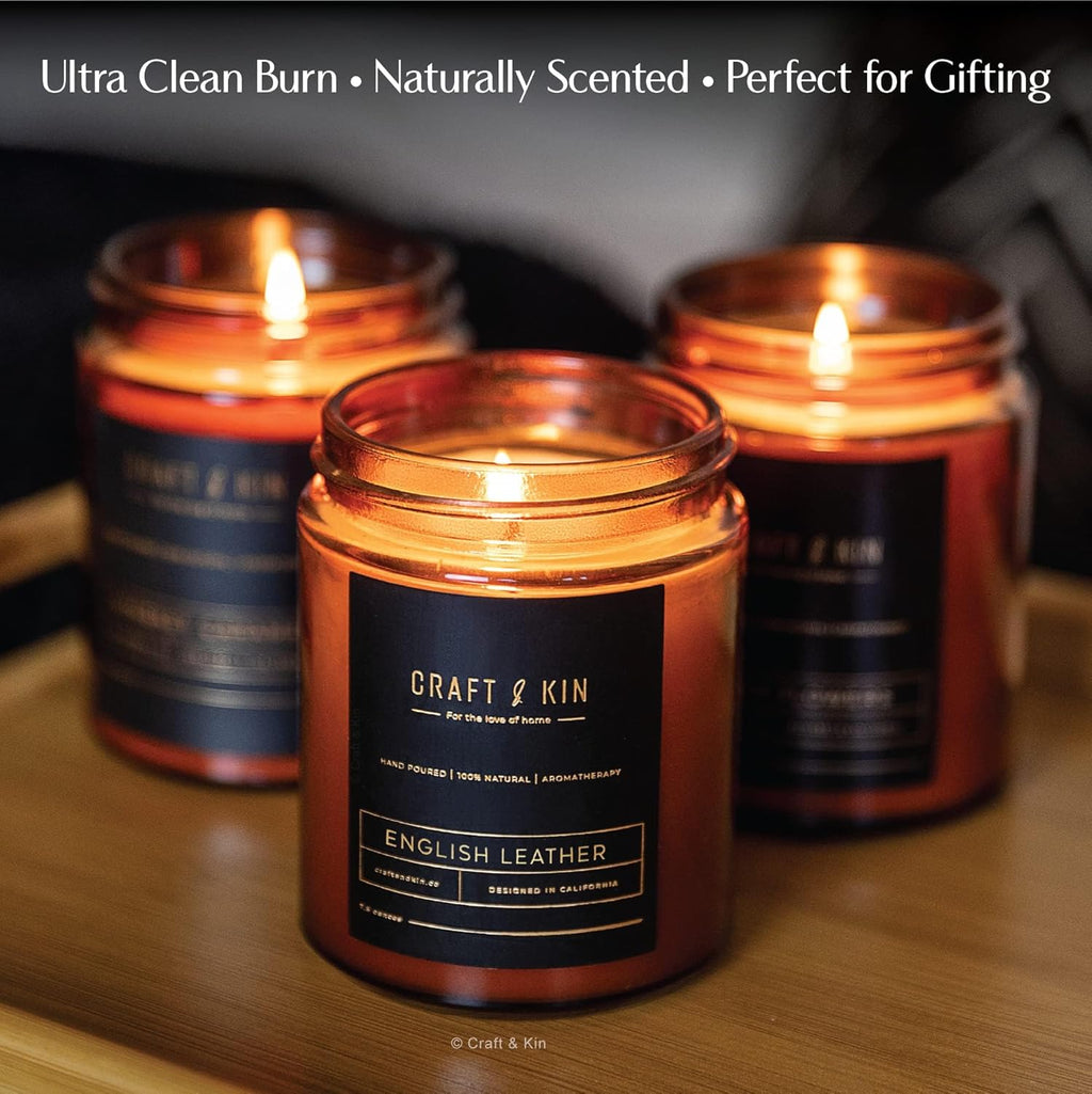 Scented Candle for Men | Premium English Leather Candle | All-Natural Scent for Home | Long Lasting Winter Candles, 45-Hour Burn Time, 8Oz