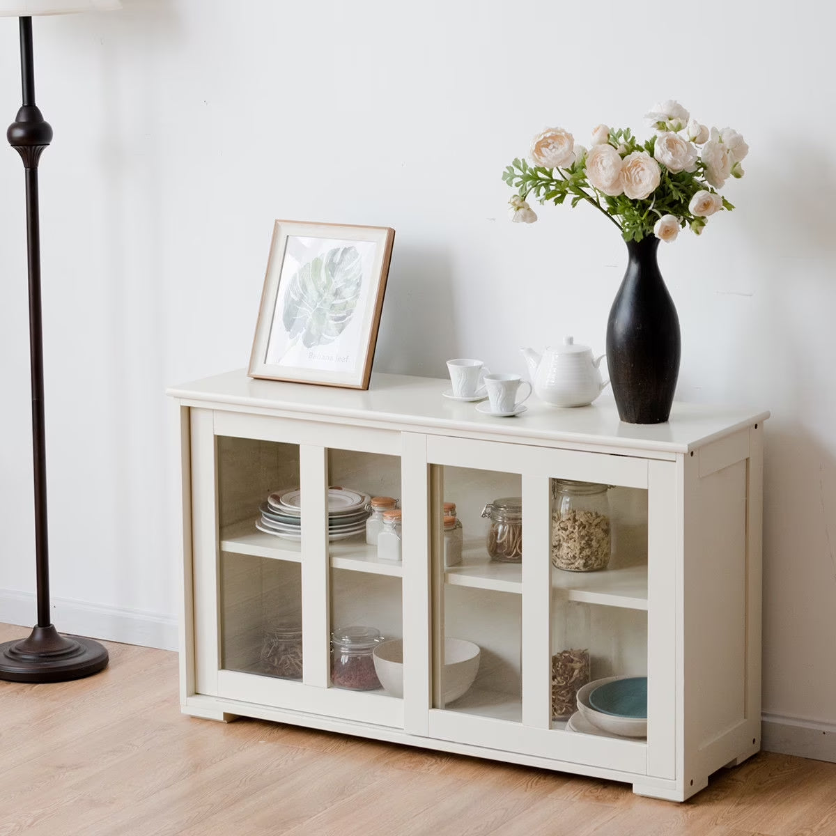 Storage Cabinet Sideboard Buffet Cupboard Glass Sliding Door Pantry Kitchen Off-White