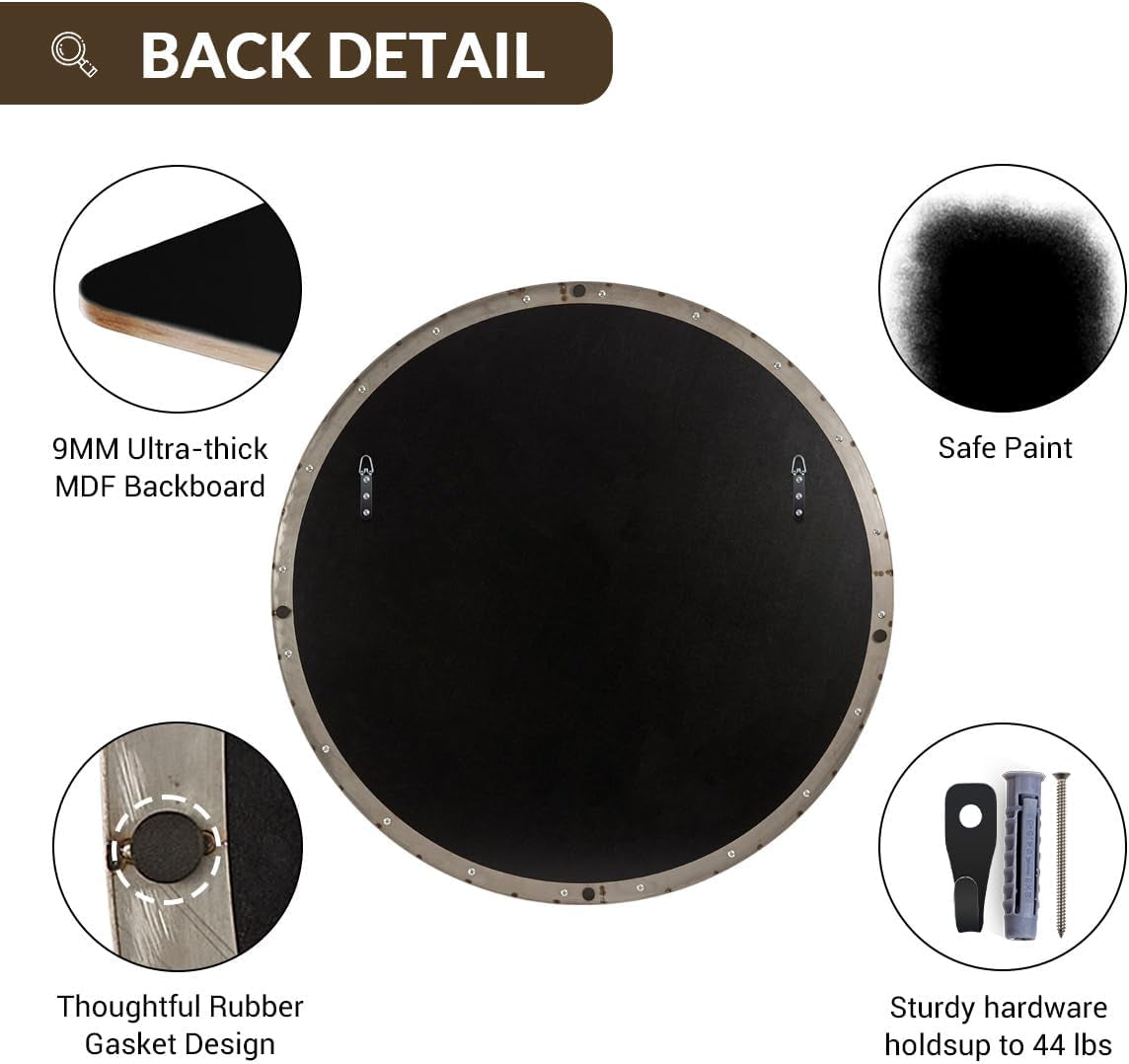 30" round Brushed Nickel Bathroom Mirror, Silver Wall Mirror for Bathroom，Metal round Circle Mirror for Wall, Bathroom (Premium Stainless Steel Frame)