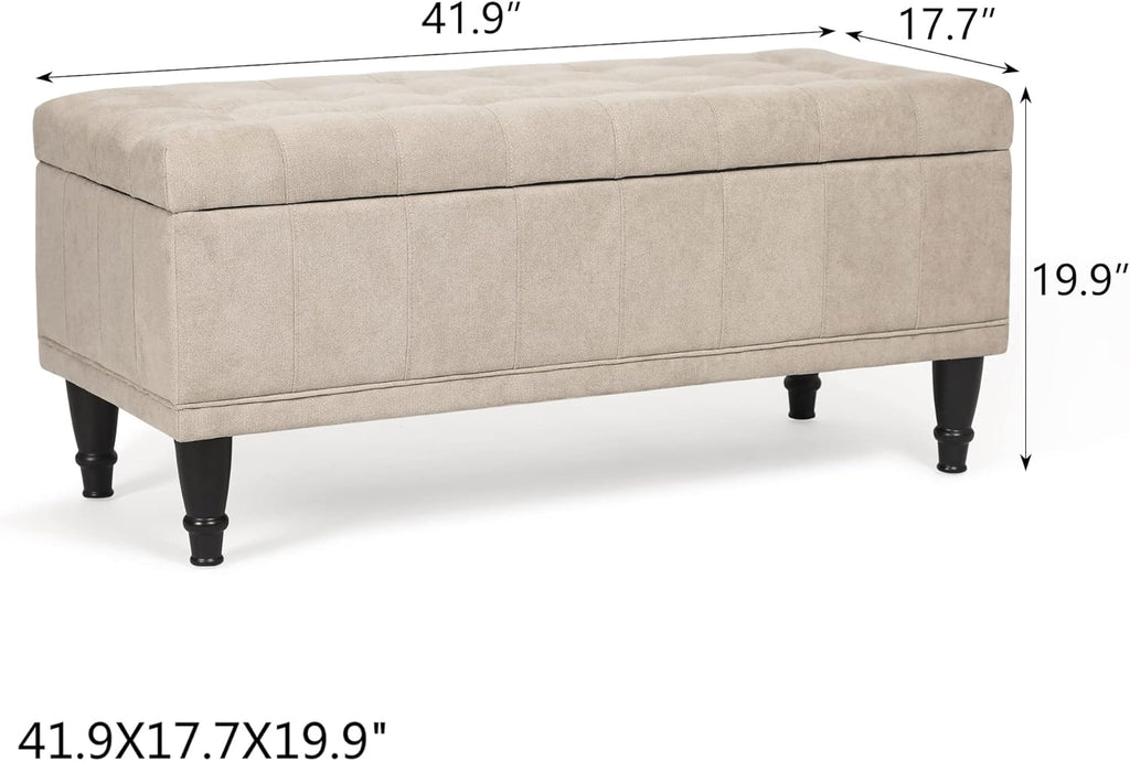 Storage Ottoman Linen Fabric Upholstered Tufted Bench with Wood Legs, Rectangular Coffee Table Footstool for Bedroom Living Room Entryway (Beige)