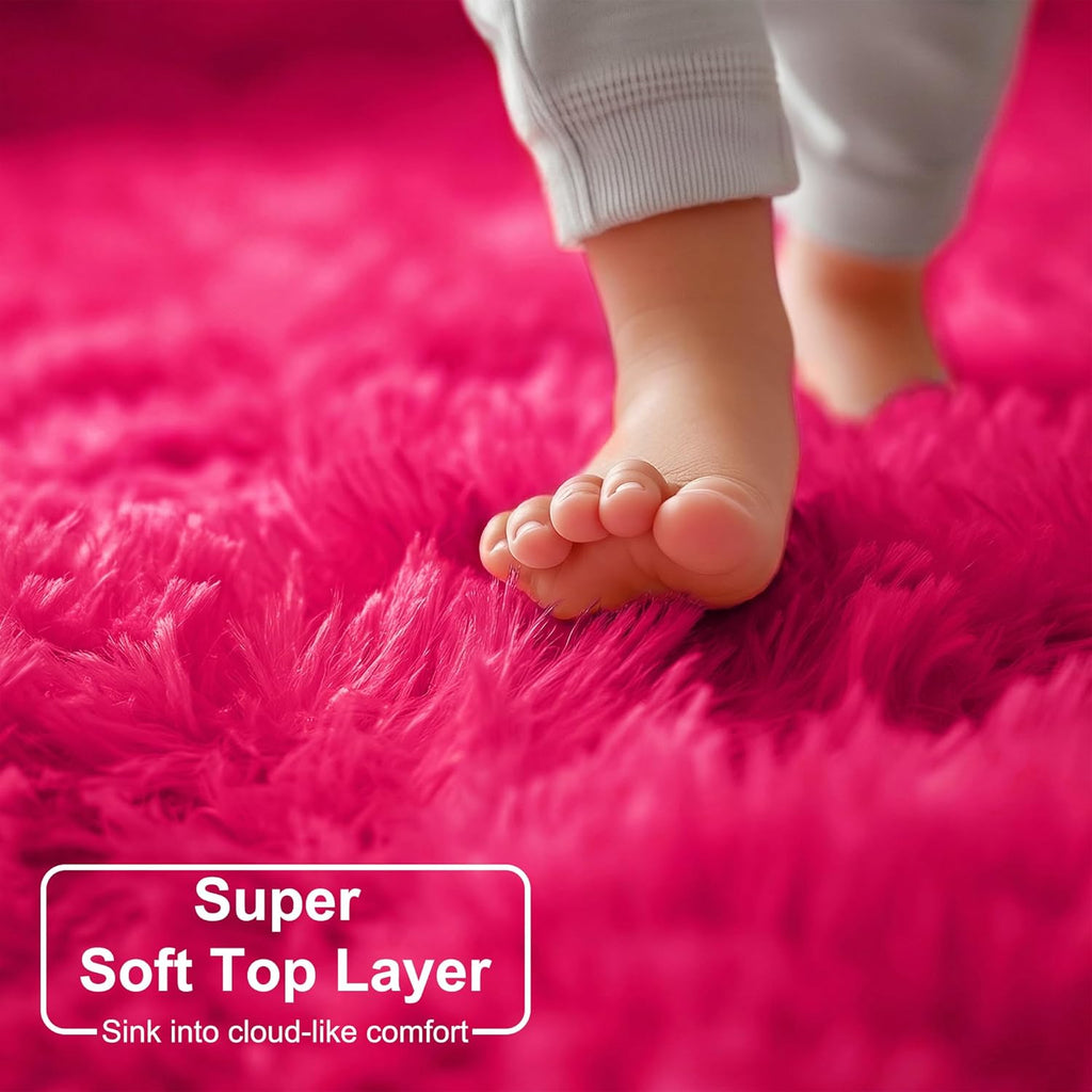 Hot Pink round Rug 4Ft for Girls Bedroom, Fluffy Circle Area Rugs for Kids Room Decor Aesthetic, Shag Plush Fuzzy Furry Carpet for Living Room, Nursery, Dorm, Classroom, Teen, Cute Shaggy Baby Rug