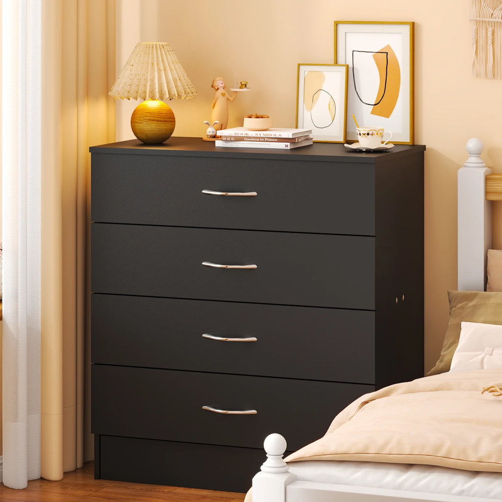 Black Chest of Drawers Dresser Wood Organizer Cabinet, 4 Drawer Nightstand Side Table, Furniture for Bedroom