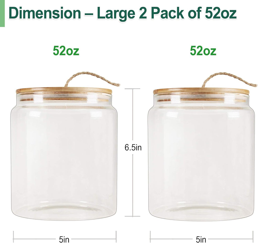 Glass Jar with Bamboo Lid, Food Storage Container with Airtight Lid, 2 Pack of 65Oz, Large Glass Food Canister, Pantry Jar, Glass Canisters Set