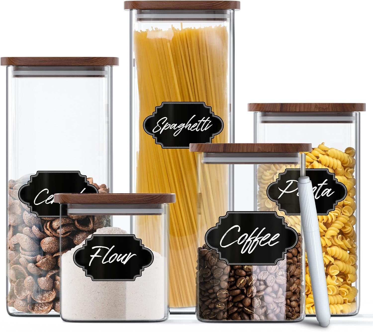Square Glass Jars with Wood Lids Set of (2) 80 Fl Oz Airtight and Stackable Storage Containers for Kitchen Pantry or Bathroom BPA Free and Recyclable Canister for Food Cookies Coffee Pasta Sugar