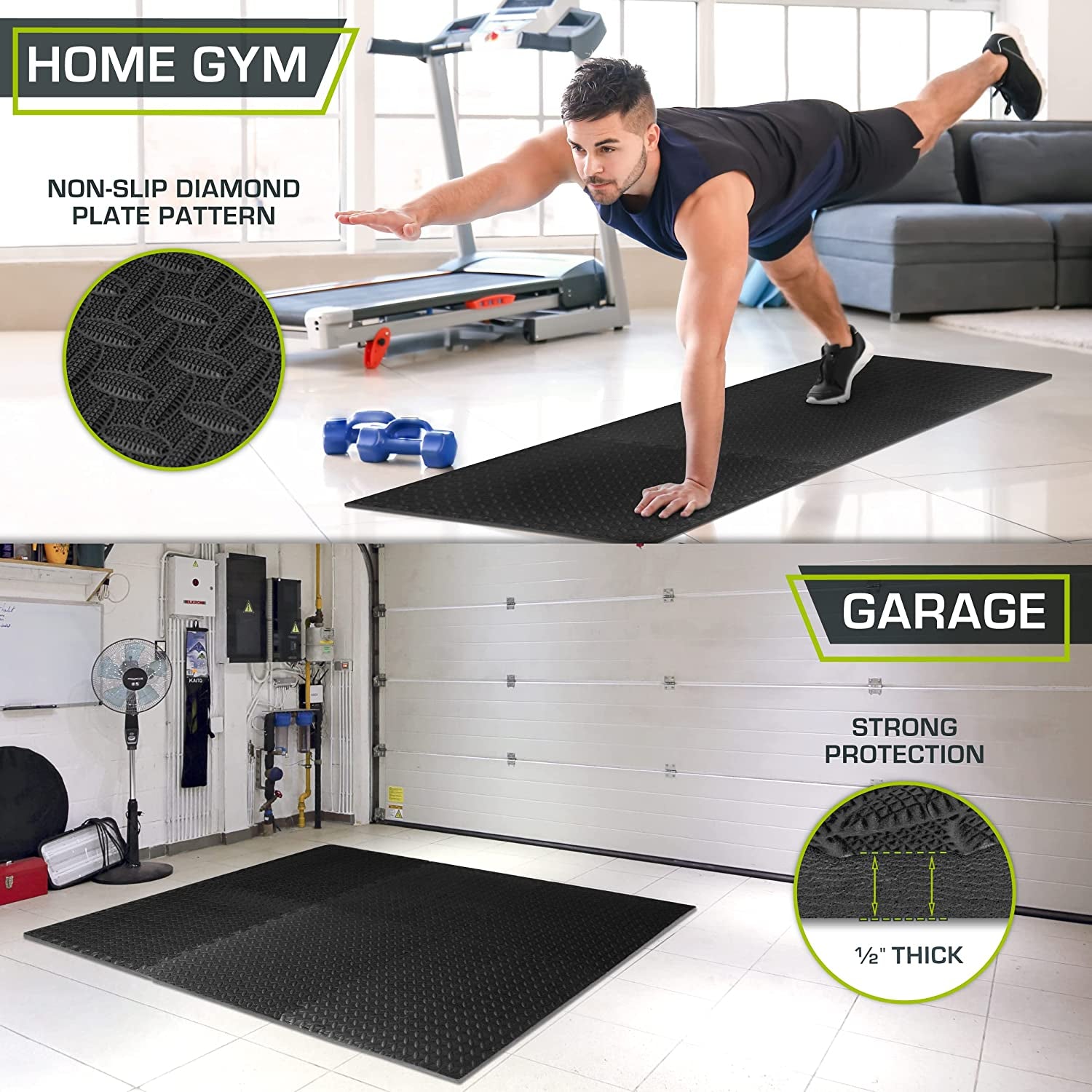 Exercise Puzzle Mat ½-Inch, EVA Interlocking Foam Floor Tiles for Home Gym, Workout Equipment, Kids Play Areas, Black, 24 SQ FT - 6 Tiles