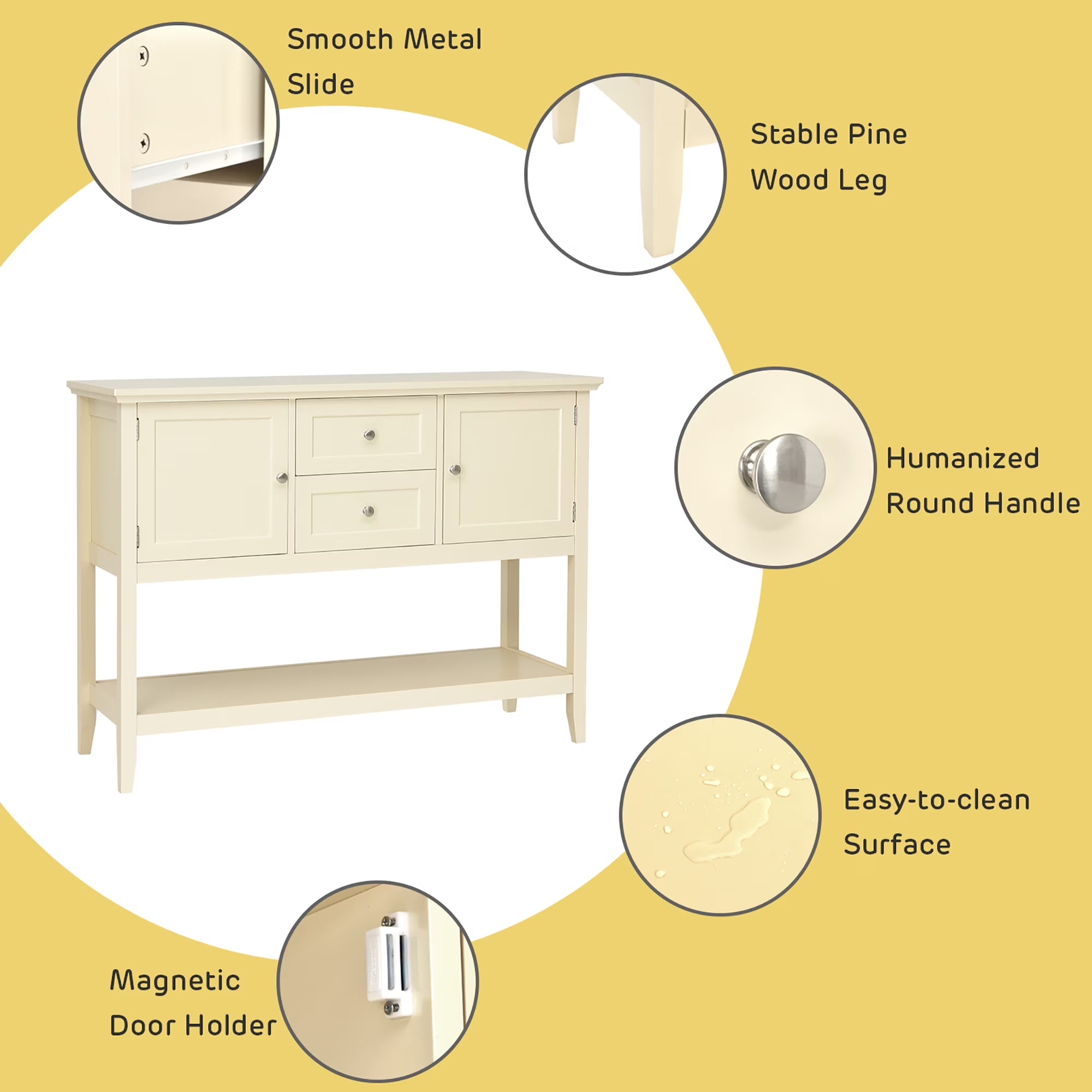 Sideboard Buffet Table Wooden Console Table W/ Drawers & Cabinets Beige