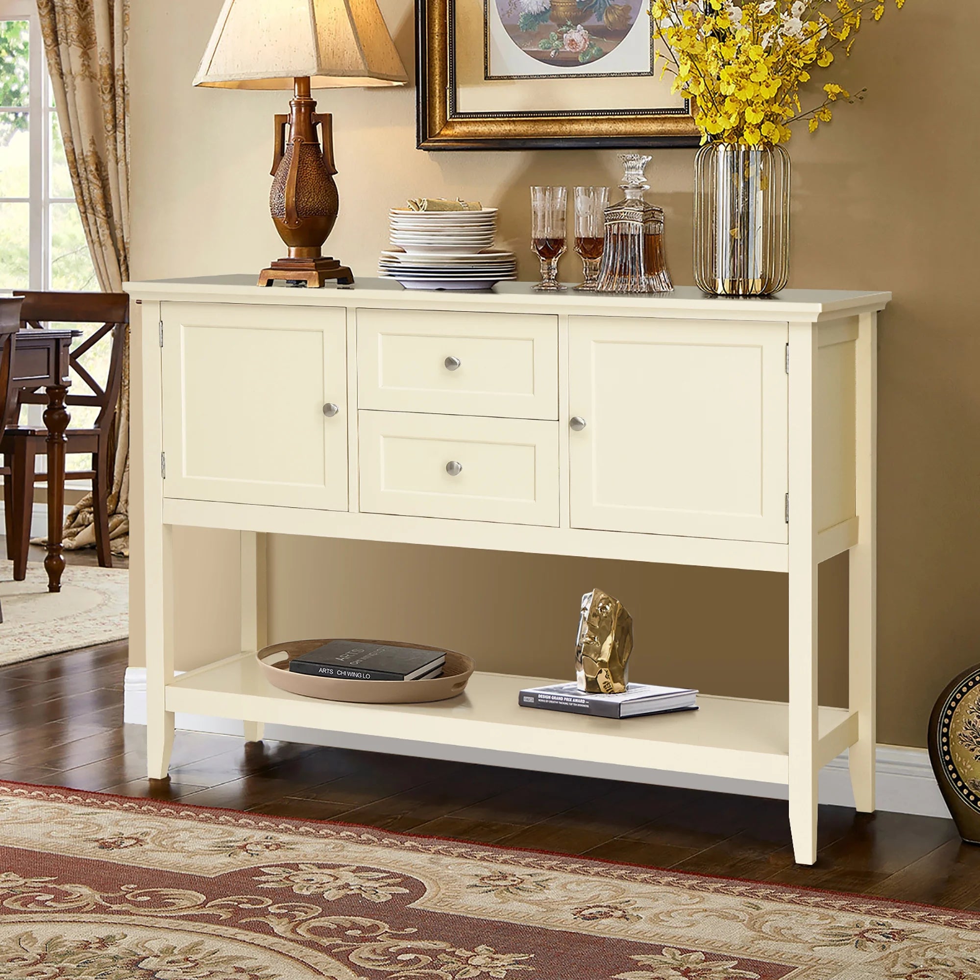 Sideboard Buffet Table Wooden Console Table W/ Drawers & Cabinets Beige