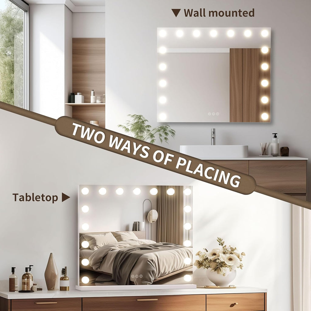 Professional Vanity Mirror with Integrated LED Lighting, 17 Dimmable Bulbs, 3 Color Temperature Options, Removable 10X Magnification Mirror, Touch Control, 23.6 x 19.7 Inches, White Finish
