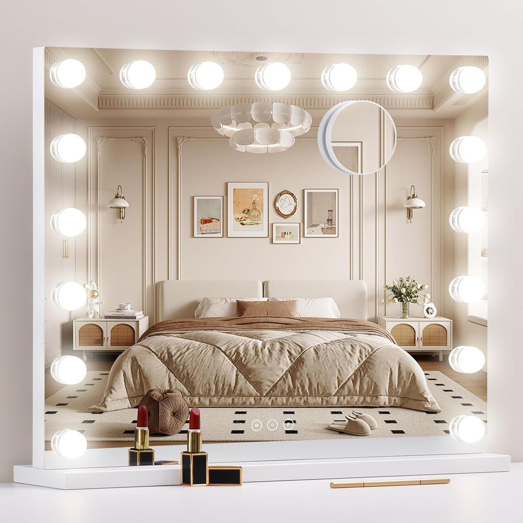 Professional Vanity Mirror with Integrated LED Lighting, 17 Dimmable Bulbs, 3 Color Temperature Options, Removable 10X Magnification Mirror, Touch Control, 23.6 x 19.7 Inches, White Finish