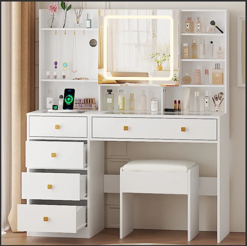Large 47.2" Makeup Vanity with 3 Color Lights, Vanity Desk with USB Charging Station, Vanity Makeup Table with Visible Drawers, Hidden and Open Storage Shelves, White