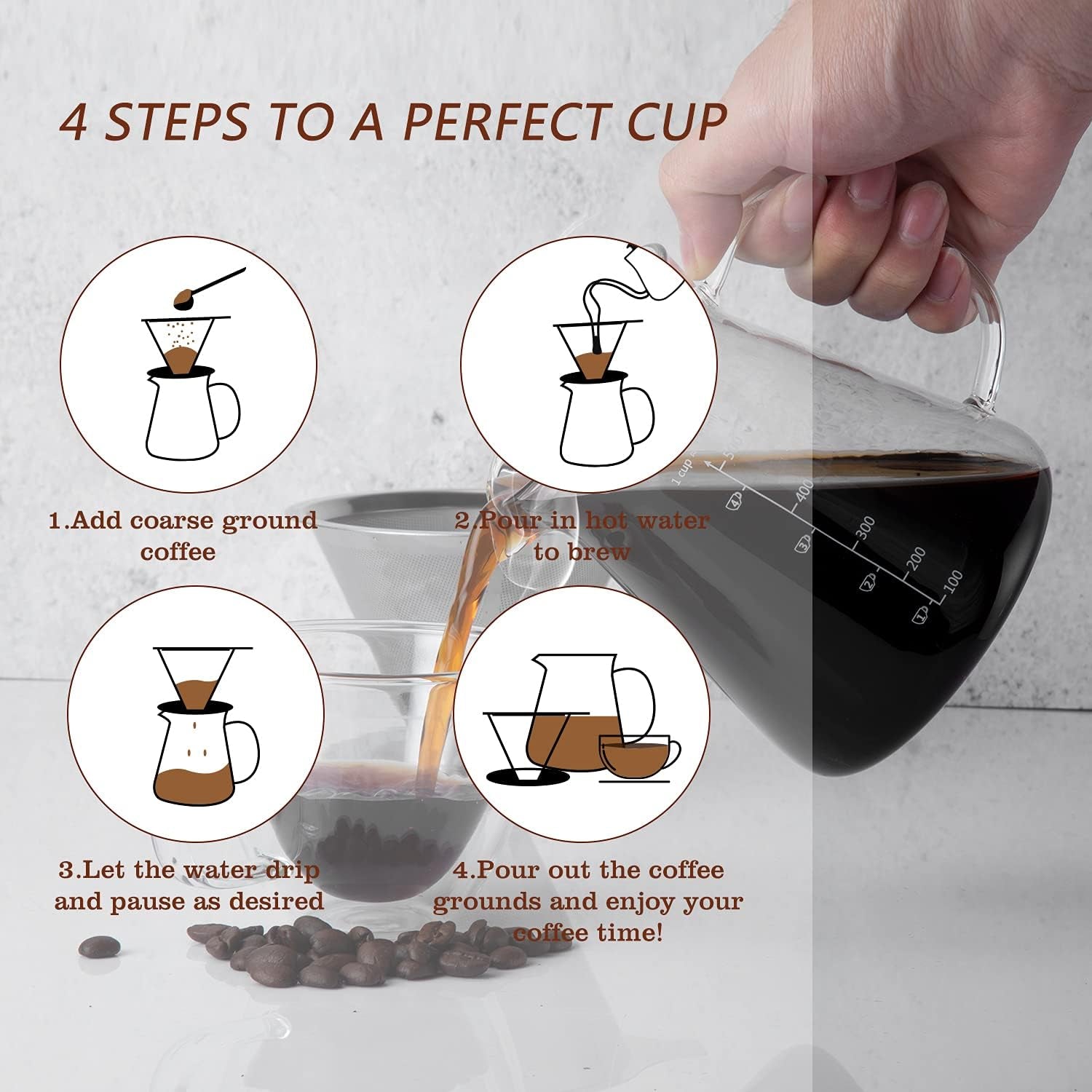 Pour over Coffee Maker 17 Oz, Drip Coffee Maker Pour over with High Heat-Resistant Carafe and Permanent Stainless Steel Filter, Portable Coffee Pour over Maker Perfect for Home or Office