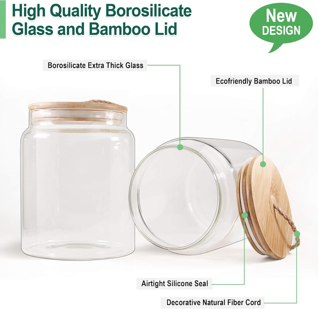 Glass Jar with Bamboo Lid, Food Storage Container with Airtight Lid, 2 Pack of 65Oz, Large Glass Food Canister, Pantry Jar, Glass Canisters Set