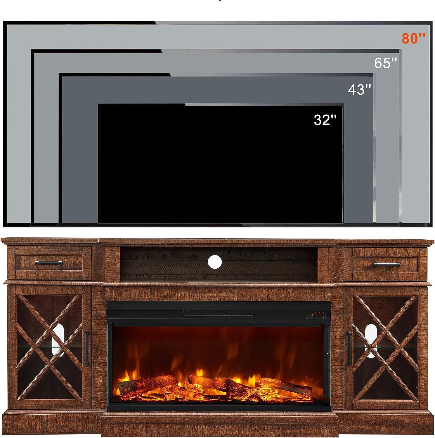 Farmhouse 3-Sided 70" Fireplace TV Stand for 80" Tvs, Entertainment Center with Electric Fireplace and Storage Drawers, Reclaimed Barnwood