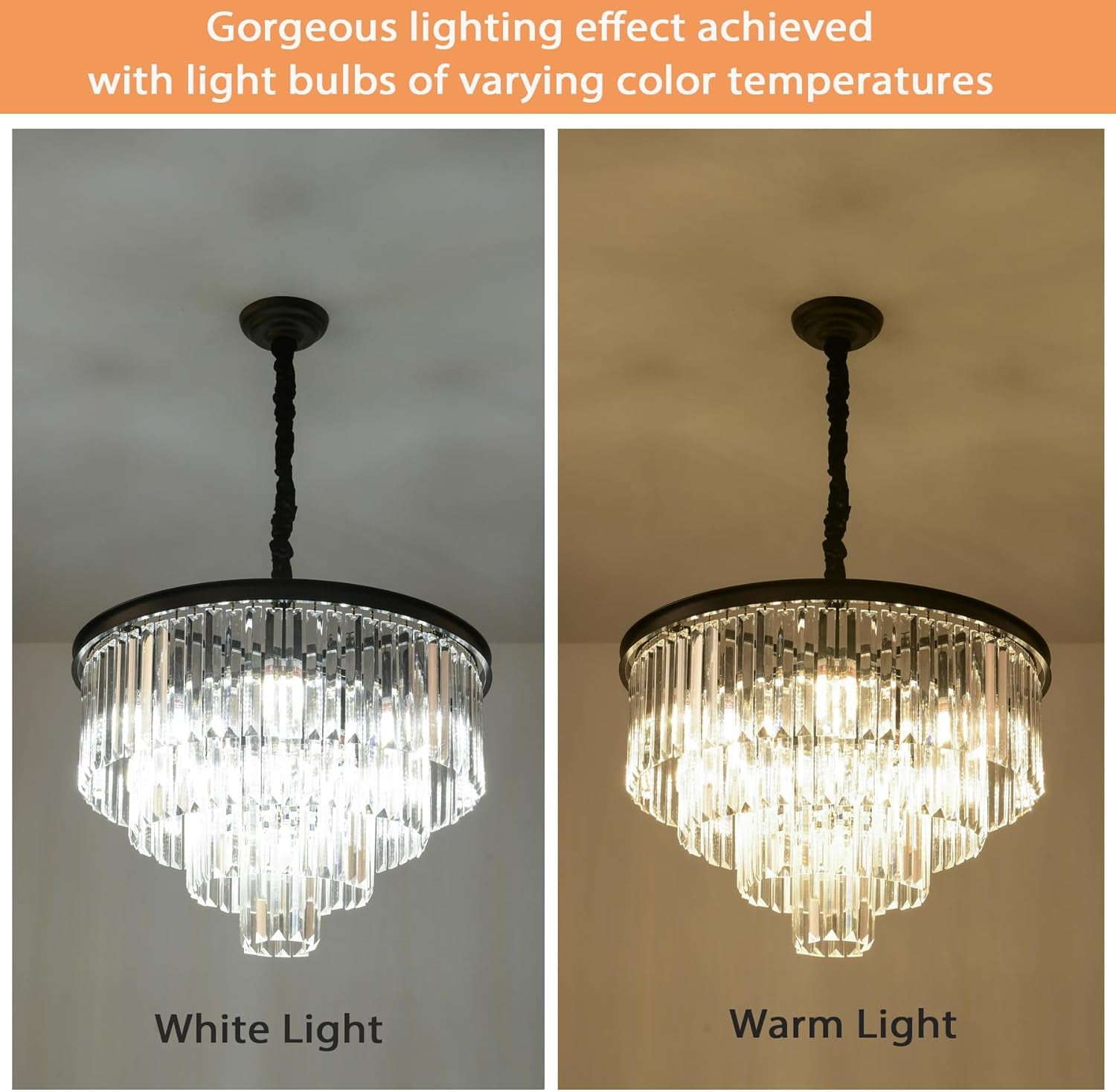 Black Modern Crystal Chandelier Lighting K9 Crystal round Chandelier Hanging Ceiling Light Fixture 4-Tier Contemporary Crystal Pendant Light for Dining Room Living Room Bedroom 23.6Inch