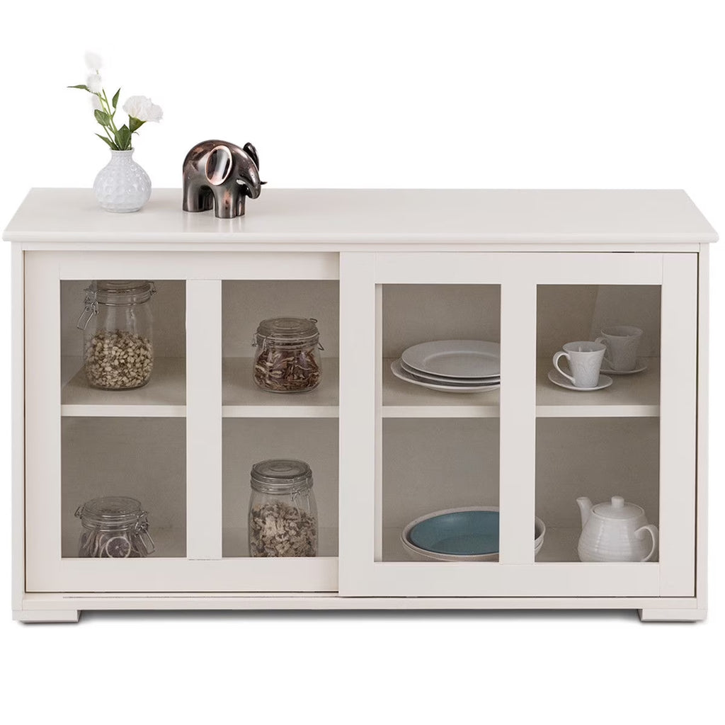 Storage Cabinet Sideboard Buffet Cupboard Glass Sliding Door Pantry Kitchen Off-White