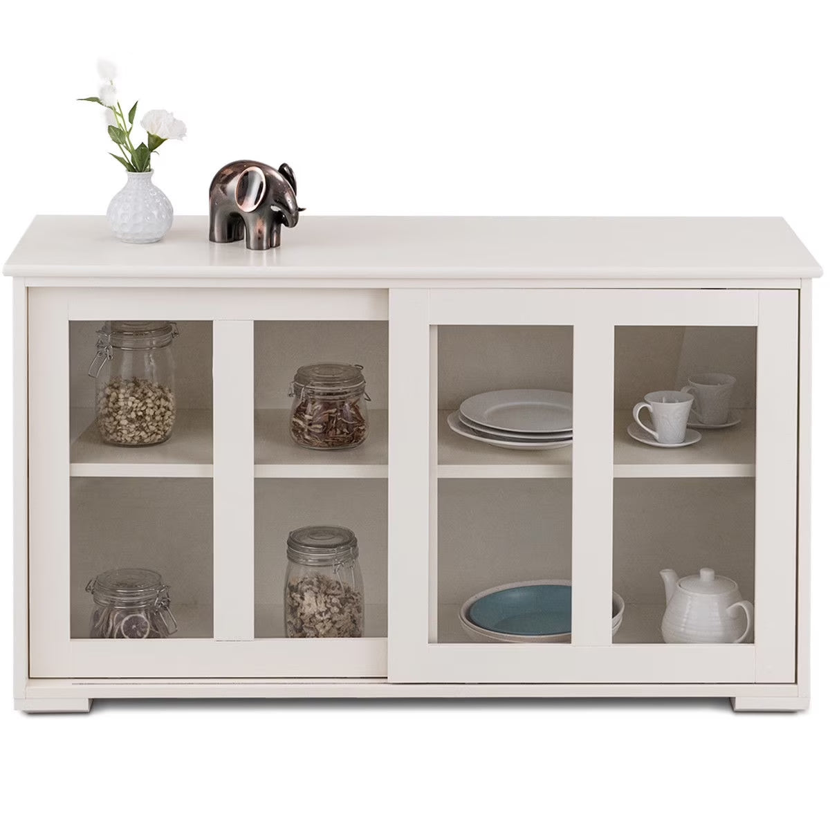 Storage Cabinet Sideboard Buffet Cupboard Glass Sliding Door Pantry Kitchen Off-White