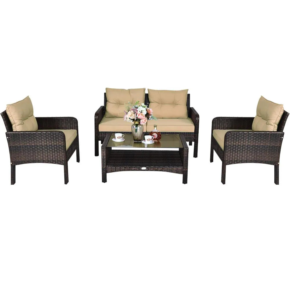 Rattan Outdoor Sofa with Brown Cushions and Steel Frame