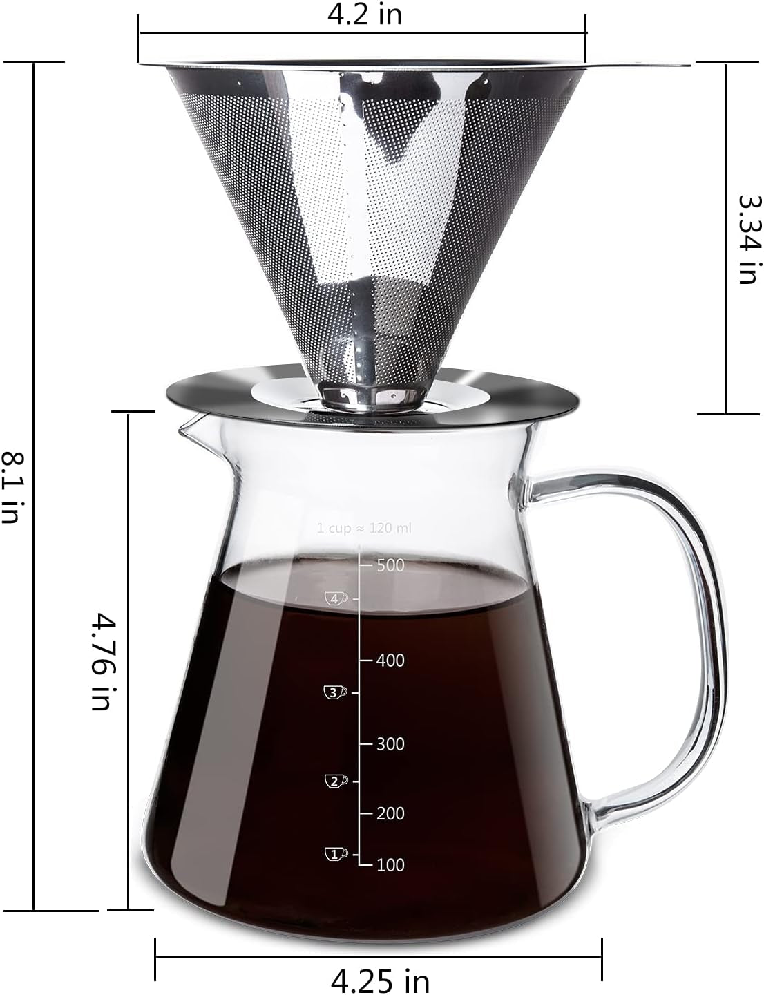 Pour over Coffee Maker 17 Oz, Drip Coffee Maker Pour over with High Heat-Resistant Carafe and Permanent Stainless Steel Filter, Portable Coffee Pour over Maker Perfect for Home or Office