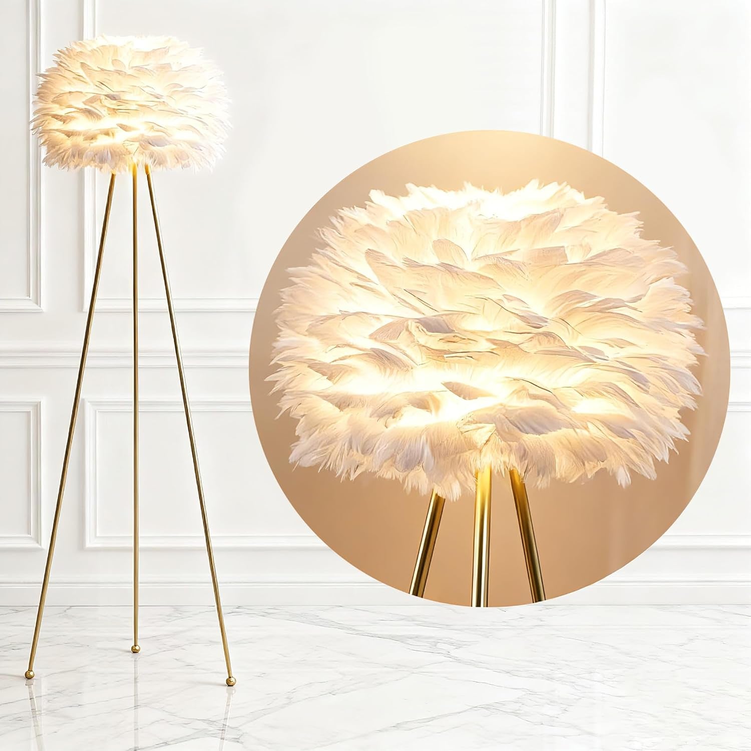 60" Feather Floor Lamp for Living Room, Tripod Floor Lamp with White Feather Shade, Modern Brass Gold Standing Light for Bedrooms Dining Room