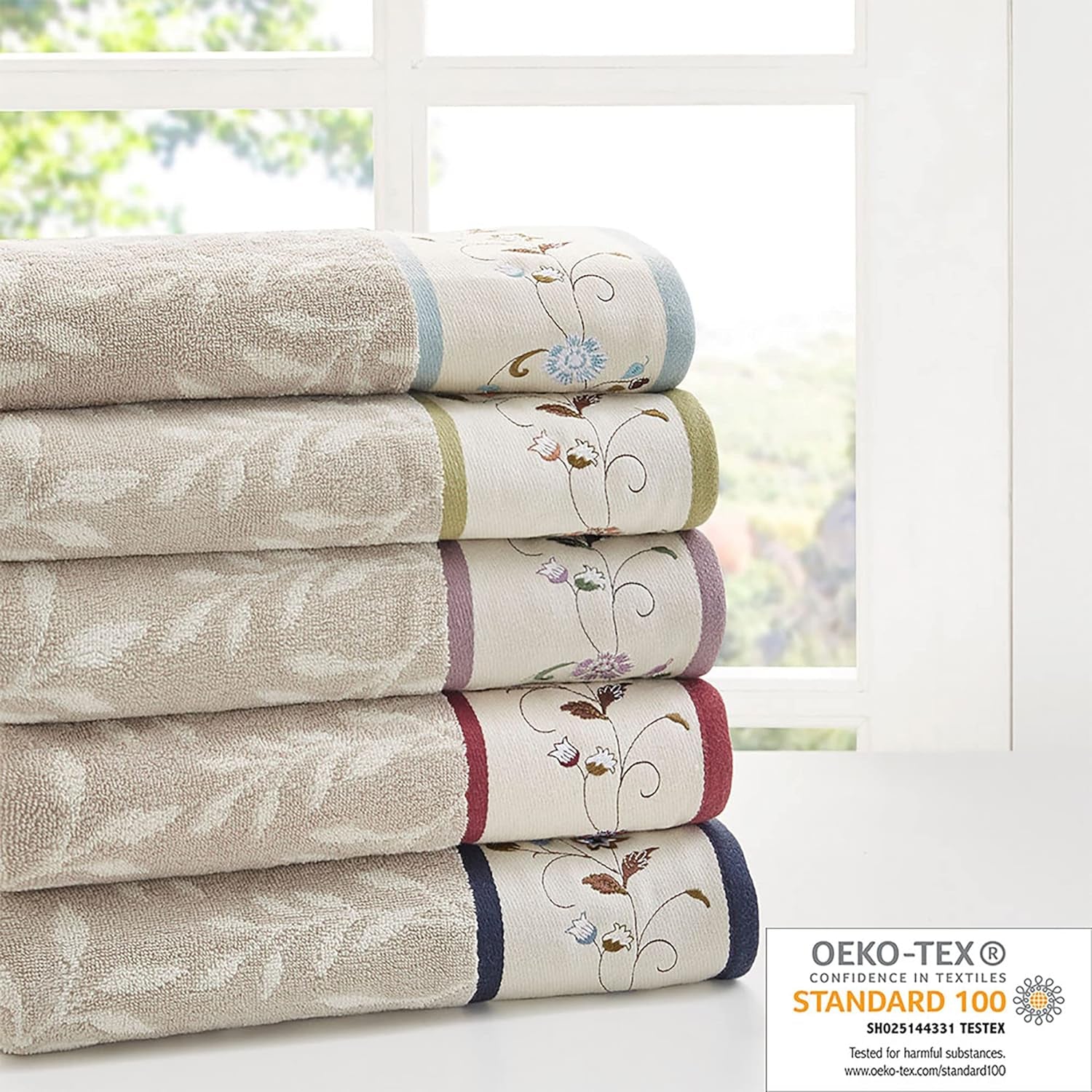 Serene 100% Cotton 6-Piece Bath Towel Set with Luxurious Floral Embroidery, Jacquard Design, Soft and Highly Absorbent, 600 GSM, Available in Multiple Sizes, Blue