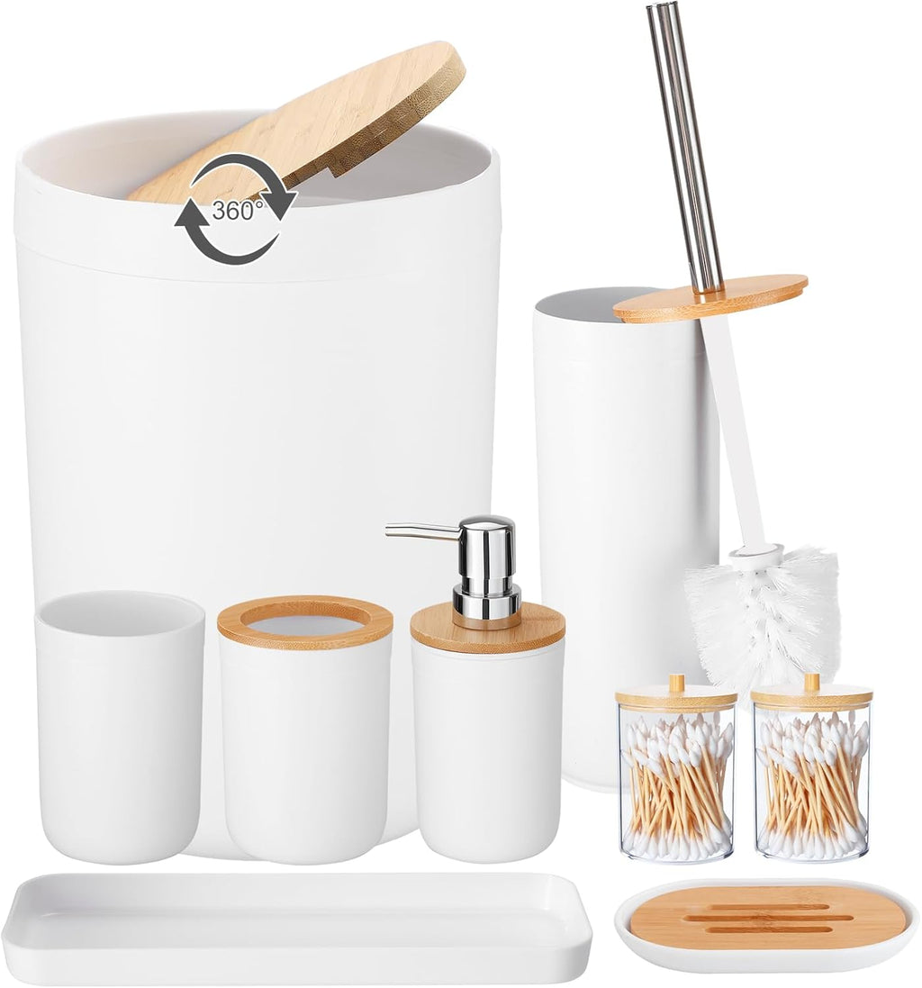 Elegant 8-Piece Bathroom Accessories Set with Trash Can, Toilet Brush, Toothbrush Holder, Lotion Soap Dispenser, Soap Dish, Toothbrush Cup, and Q-tip Holder in White Wood Finish