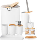 Elegant 8-Piece Bathroom Accessories Set with Trash Can, Toilet Brush, Toothbrush Holder, Lotion Soap Dispenser, Soap Dish, Toothbrush Cup, and Q-tip Holder in White Wood Finish