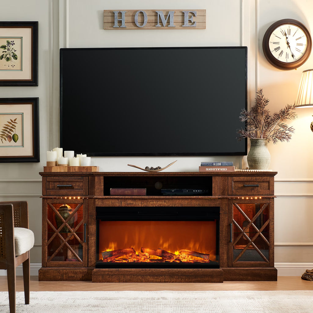Farmhouse 3-Sided 70" Fireplace TV Stand for 80" Tvs, Entertainment Center with Electric Fireplace and Storage Drawers, Reclaimed Barnwood