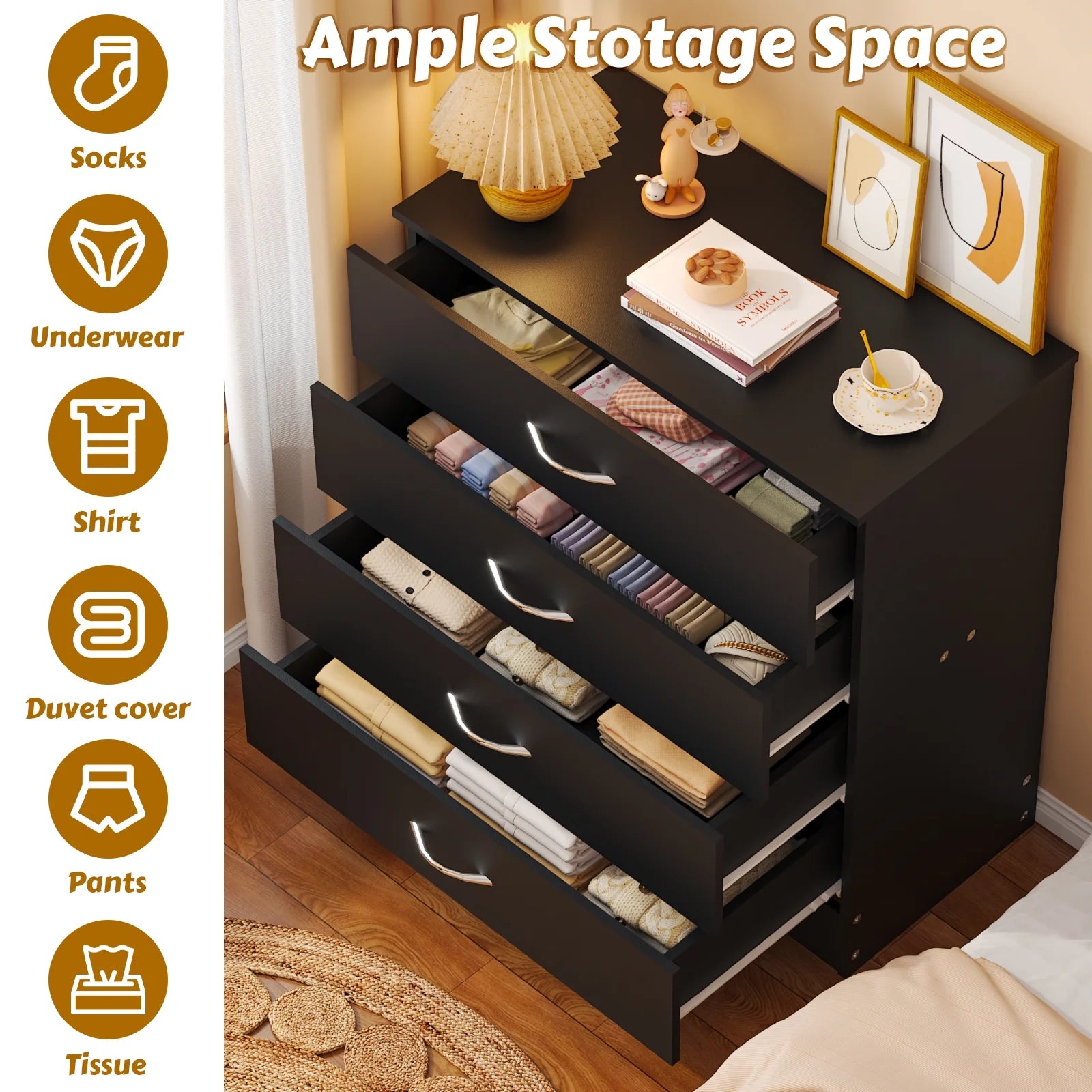 Black Chest of Drawers Dresser Wood Organizer Cabinet, 4 Drawer Nightstand Side Table, Furniture for Bedroom