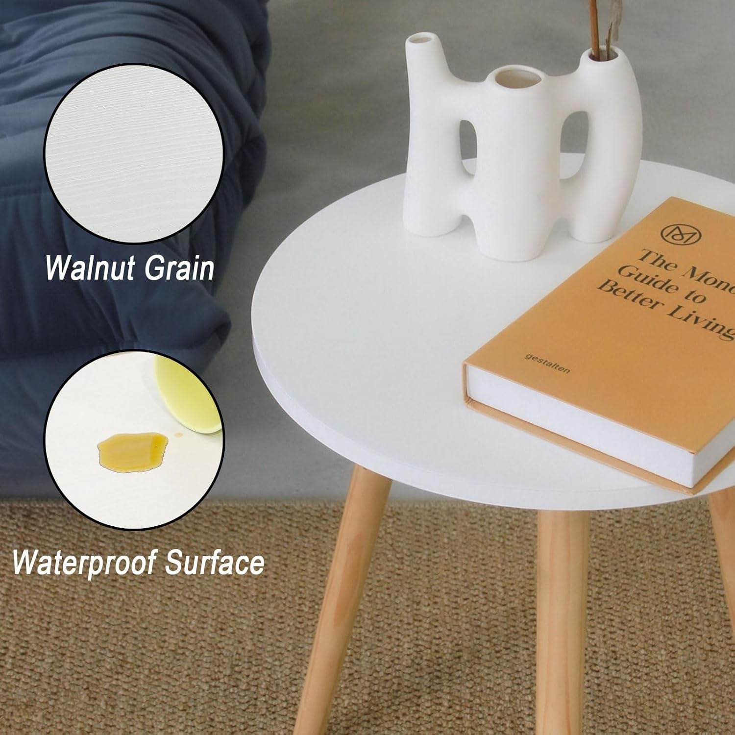 round Side Table, Small Accent Table Nightstand Modern End Table for Living Room Bedroom Office Small Spaces, 15.7''Dia X 19.69''H (White)