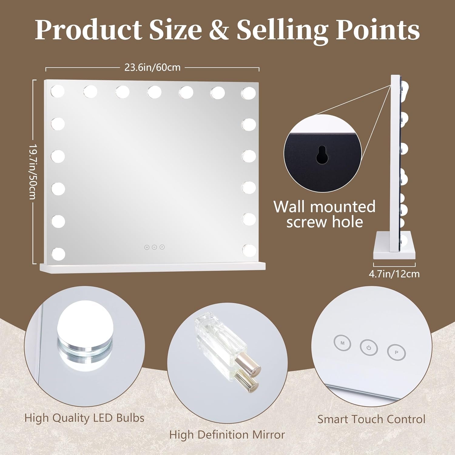 Professional Vanity Mirror with Integrated LED Lighting, 17 Dimmable Bulbs, 3 Color Temperature Options, Removable 10X Magnification Mirror, Touch Control, 23.6 x 19.7 Inches, White Finish
