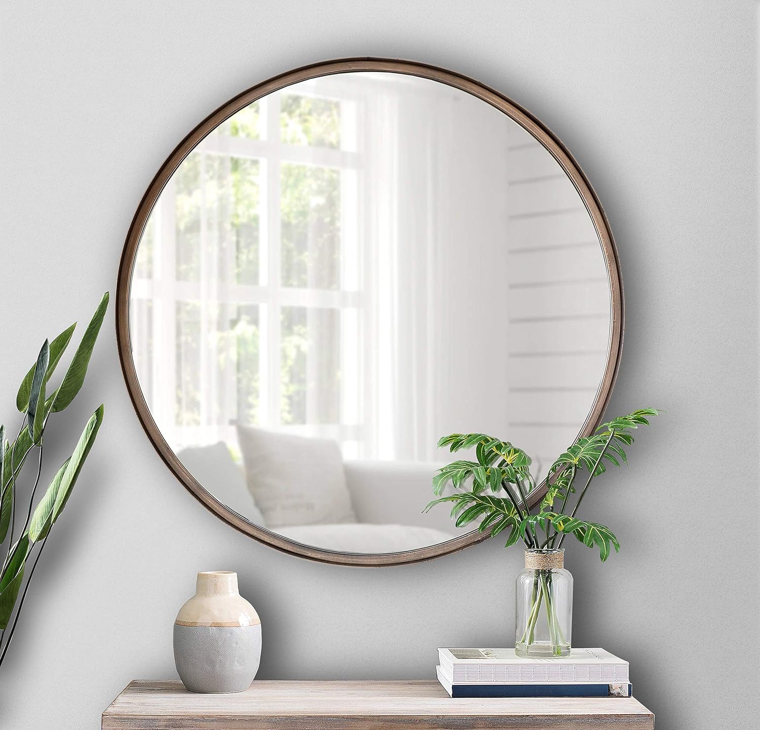 Large round Mirror, 27.5 Inch Brushed Bronze Wall Mirror with Handcrafted Oil Rubbed Frame, Metal Framed Decorative Hanging Mirror for Both Rustic and Boho Design and Decor
