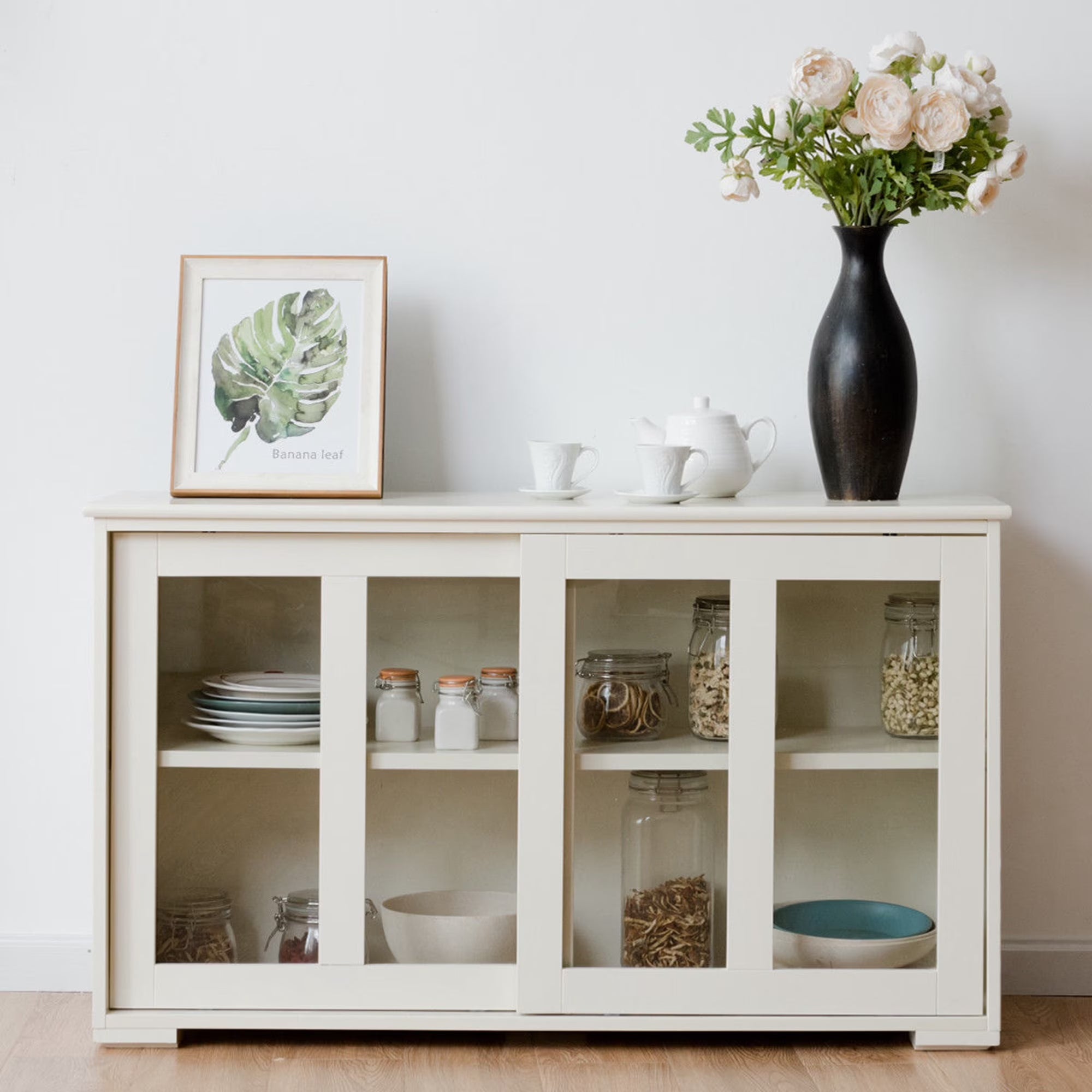 Storage Cabinet Sideboard Buffet Cupboard Glass Sliding Door Pantry Kitchen Off-White