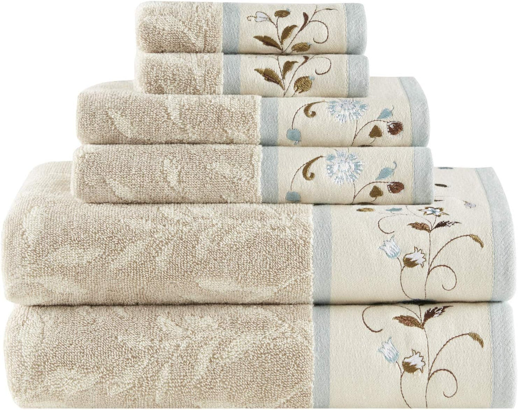 Serene 100% Cotton 6-Piece Bath Towel Set with Luxurious Floral Embroidery, Jacquard Design, Soft and Highly Absorbent, 600 GSM, Available in Multiple Sizes, Blue