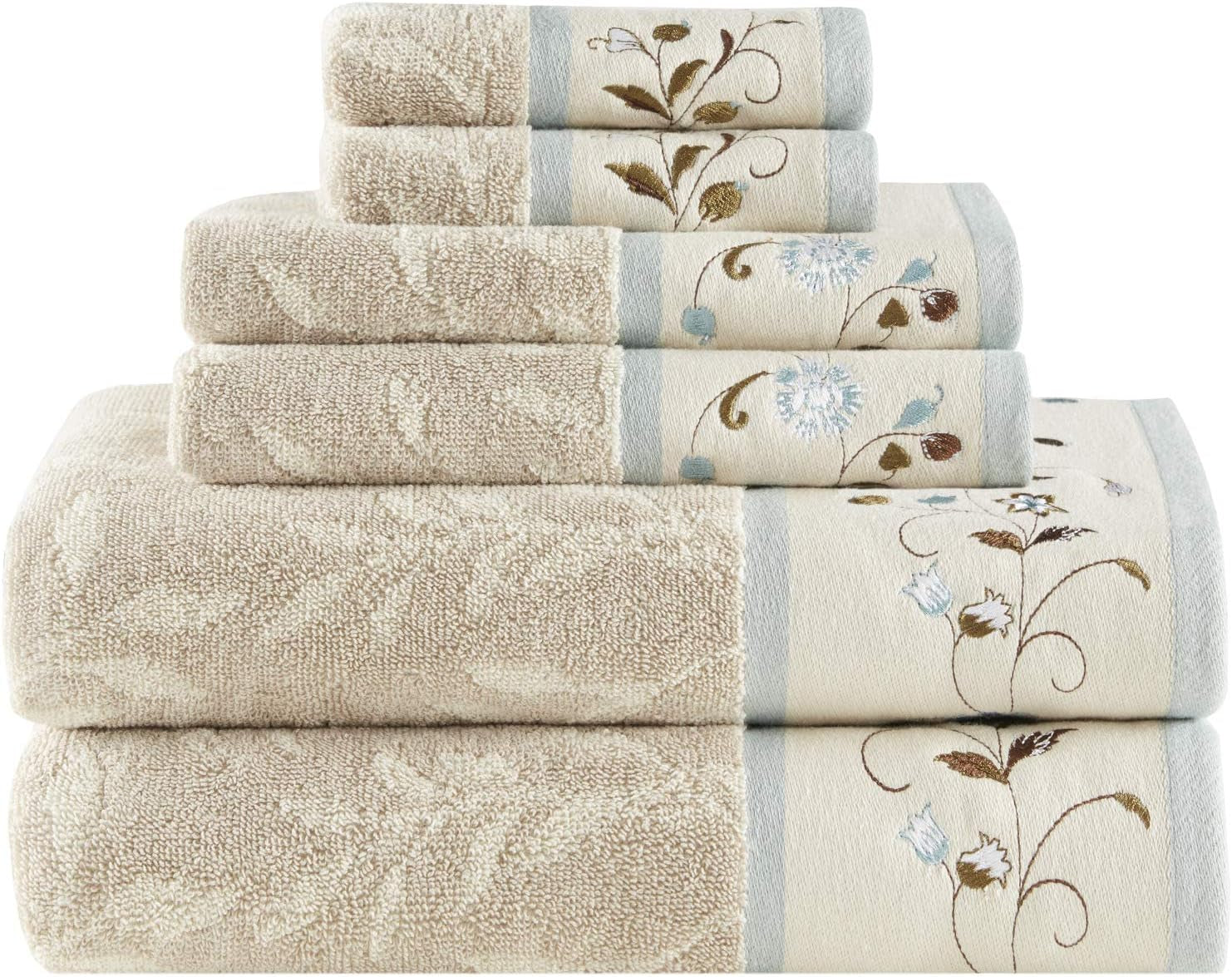 Serene 100% Cotton 6-Piece Bath Towel Set with Luxurious Floral Embroidery, Jacquard Design, Soft and Highly Absorbent, 600 GSM, Available in Multiple Sizes, Blue