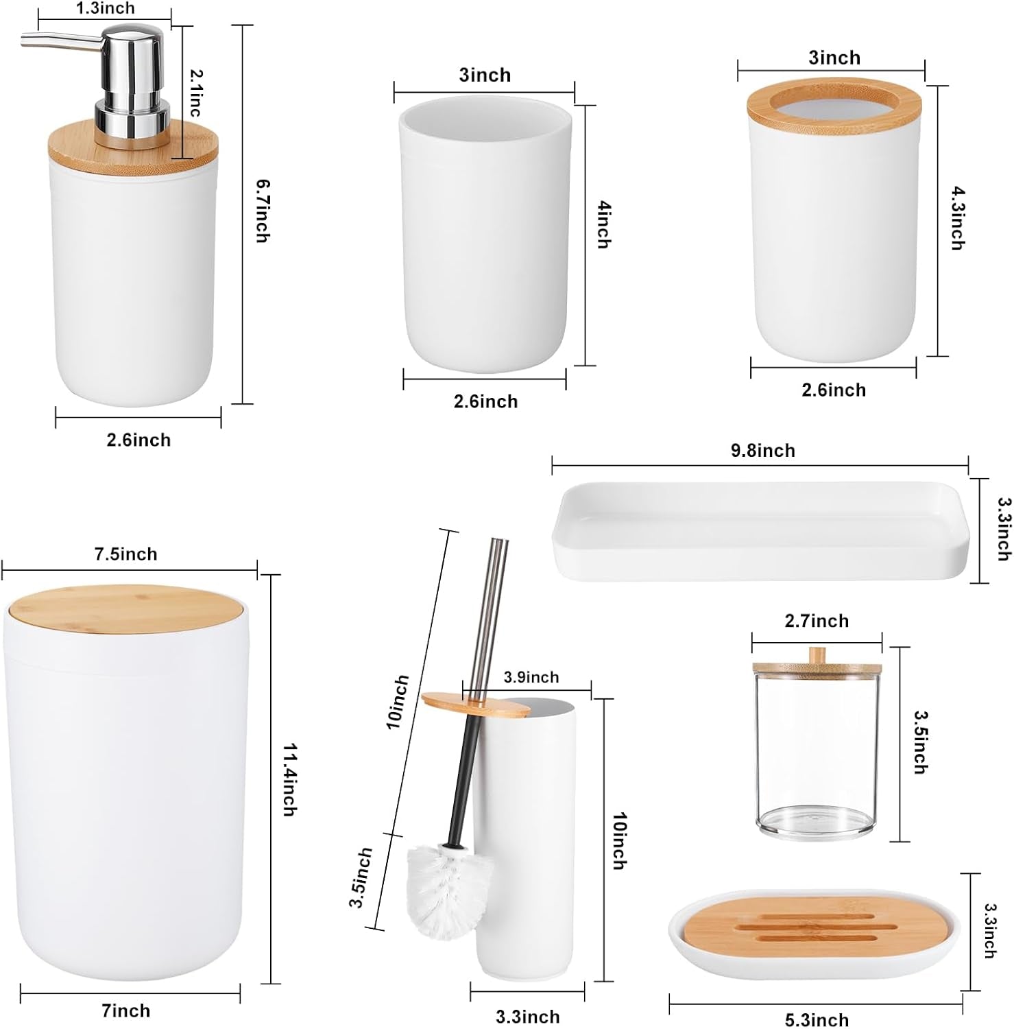 Elegant 8-Piece Bathroom Accessories Set with Trash Can, Toilet Brush, Toothbrush Holder, Lotion Soap Dispenser, Soap Dish, Toothbrush Cup, and Q-tip Holder in White Wood Finish