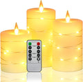 3 Pack Ivory Real Wax Flameless Taper Candles, Lifelike Flickering LED Flame Candles with Surrounding Copper String Lights, Soft Warm Battery Candles with Remote for Home Wedding Holiday Decor
